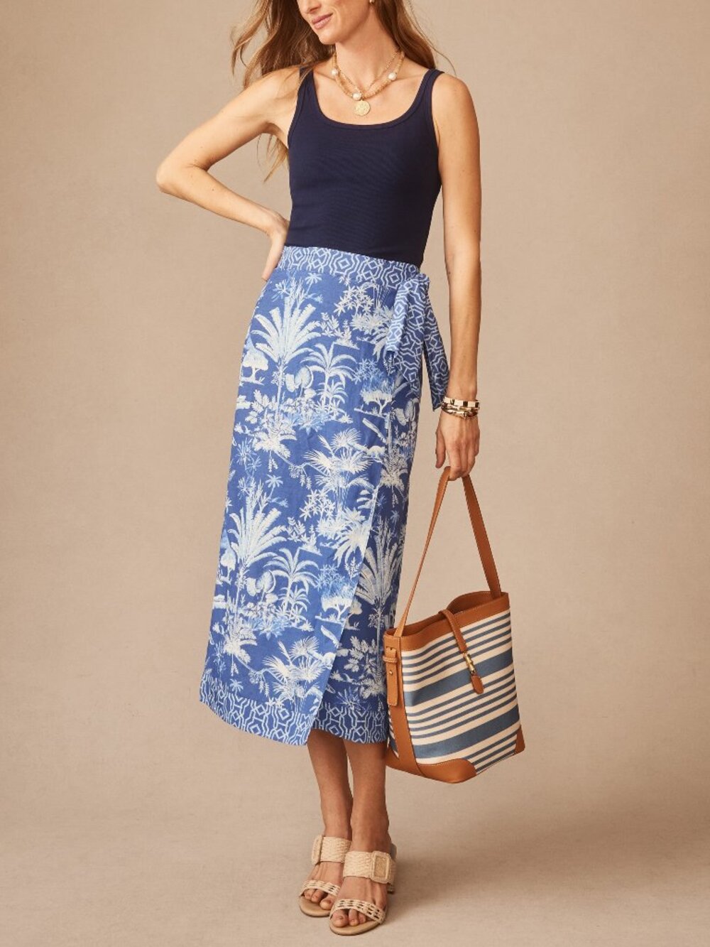 J McLaughlin Ardis Linen Blend Skirt in Garden Isle - Navy/Light Blue NEW